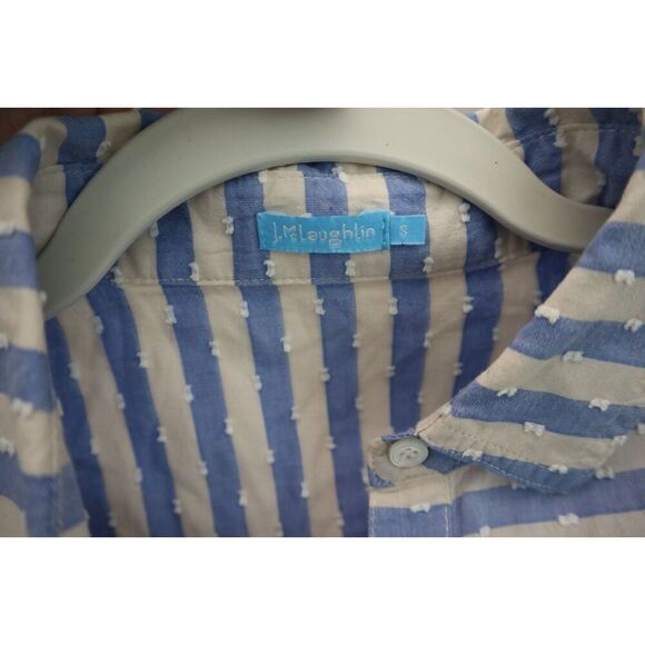 J. McLaughlin Women's Sz S Blue/Cream Striped Swiss Dot Button-Up L/S Shirt - Picture 3 of 6
